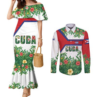 Cuba Floral Couples Matching Mermaid Dress and Long Sleeve Button Shirt Tropical Flower Design with Cuban Flag and Cuba en Flor Script - Wonder Print Shop
