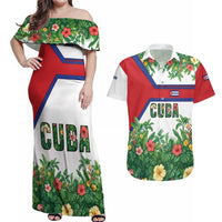 Cuba Floral Couples Matching Off Shoulder Maxi Dress and Hawaiian Shirt Tropical Flower Design with Cuban Flag and Cuba en Flor Script - Wonder Print Shop