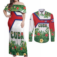 Cuba Floral Couples Matching Off Shoulder Maxi Dress and Long Sleeve Button Shirt Tropical Flower Design with Cuban Flag and Cuba en Flor Script - Wonder Print Shop