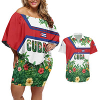 Cuba Floral Couples Matching Off Shoulder Short Dress and Hawaiian Shirt Tropical Flower Design with Cuban Flag and Cuba en Flor Script - Wonder Print Shop