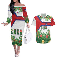 Cuba Floral Couples Matching Off The Shoulder Long Sleeve Dress and Hawaiian Shirt Tropical Flower Design with Cuban Flag and Cuba en Flor Script - Wonder Print Shop