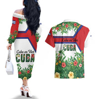 Cuba Floral Couples Matching Off The Shoulder Long Sleeve Dress and Hawaiian Shirt Tropical Flower Design with Cuban Flag and Cuba en Flor Script - Wonder Print Shop