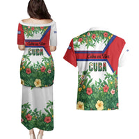 Cuba Floral Couples Matching Puletasi and Hawaiian Shirt Tropical Flower Design with Cuban Flag and Cuba en Flor Script - Wonder Print Shop