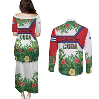 Cuba Floral Couples Matching Puletasi and Long Sleeve Button Shirt Tropical Flower Design with Cuban Flag and Cuba en Flor Script - Wonder Print Shop