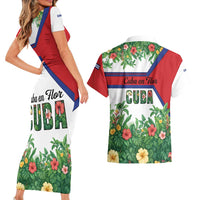 Cuba Floral Couples Matching Short Sleeve Bodycon Dress and Hawaiian Shirt Tropical Flower Design with Cuban Flag and Cuba en Flor Script - Wonder Print Shop