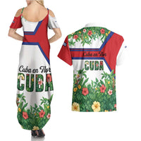 Cuba Floral Couples Matching Summer Maxi Dress and Hawaiian Shirt Tropical Flower Design with Cuban Flag and Cuba en Flor Script - Wonder Print Shop
