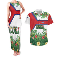 Cuba Floral Couples Matching Tank Maxi Dress and Hawaiian Shirt Tropical Flower Design with Cuban Flag and Cuba en Flor Script - Wonder Print Shop