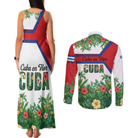 Cuba Floral Couples Matching Tank Maxi Dress and Long Sleeve Button Shirt Tropical Flower Design with Cuban Flag and Cuba en Flor Script - Wonder Print Shop