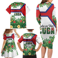 Cuba Floral Family Matching Long Sleeve Bodycon Dress and Hawaiian Shirt Tropical Flower Design with Cuban Flag and Cuba en Flor Script - Wonder Print Shop