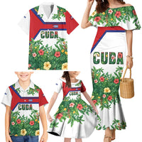 Cuba Floral Family Matching Mermaid Dress and Hawaiian Shirt Tropical Flower Design with Cuban Flag and Cuba en Flor Script - Wonder Print Shop