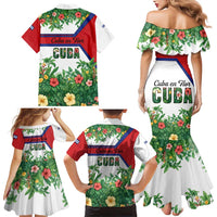 Cuba Floral Family Matching Mermaid Dress and Hawaiian Shirt Tropical Flower Design with Cuban Flag and Cuba en Flor Script - Wonder Print Shop
