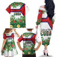 Cuba Floral Family Matching Off The Shoulder Long Sleeve Dress and Hawaiian Shirt Tropical Flower Design with Cuban Flag and Cuba en Flor Script - Wonder Print Shop