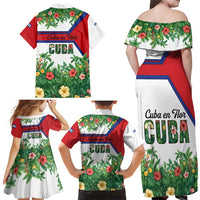 Cuba Floral Family Matching Off Shoulder Maxi Dress and Hawaiian Shirt Tropical Flower Design with Cuban Flag and Cuba en Flor Script - Wonder Print Shop