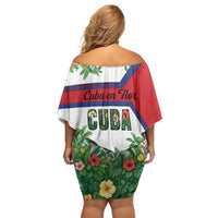 Cuba Floral Family Matching Off Shoulder Short Dress and Hawaiian Shirt Tropical Flower Design with Cuban Flag and Cuba en Flor Script - Wonder Print Shop