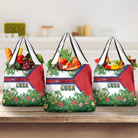 Cuba Floral Grocery Bag Tropical Flower Design with Cuban Flag and Cuba en Flor Script - Wonder Print Shop
