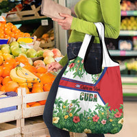 Cuba Floral Grocery Bag Tropical Flower Design with Cuban Flag and Cuba en Flor Script - Wonder Print Shop