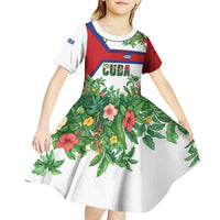 Cuba Floral Kid Short Sleeve Dress Tropical Flower Design with Cuban Flag and Cuba en Flor Script - Wonder Print Shop