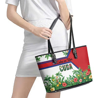 Cuba Floral Leather Tote Bag Tropical Flower Design with Cuban Flag and Cuba en Flor Script - Wonder Print Shop