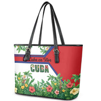 Cuba Floral Leather Tote Bag Tropical Flower Design with Cuban Flag and Cuba en Flor Script - Wonder Print Shop