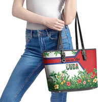 Cuba Floral Leather Tote Bag Tropical Flower Design with Cuban Flag and Cuba en Flor Script - Wonder Print Shop