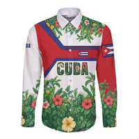 Cuba Floral Long Sleeve Button Shirt Tropical Flower Design with Cuban Flag and Cuba en Flor Script - Wonder Print Shop