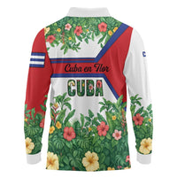 Cuba Floral Long Sleeve Polo Shirt Tropical Flower Design with Cuban Flag and Cuba en Flor Script - Wonder Print Shop