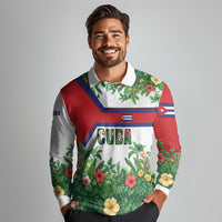 Cuba Floral Long Sleeve Polo Shirt Tropical Flower Design with Cuban Flag and Cuba en Flor Script - Wonder Print Shop