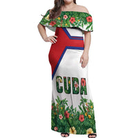 Cuba Floral Off Shoulder Maxi Dress Tropical Flower Design with Cuban Flag and Cuba en Flor Script - Wonder Print Shop