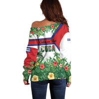 Cuba Floral Off Shoulder Sweater Tropical Flower Design with Cuban Flag and Cuba en Flor Script - Wonder Print Shop
