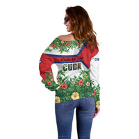 Cuba Floral Off Shoulder Sweater Tropical Flower Design with Cuban Flag and Cuba en Flor Script - Wonder Print Shop