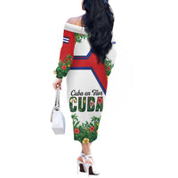 Cuba Floral Off The Shoulder Long Sleeve Dress Tropical Flower Design with Cuban Flag and Cuba en Flor Script - Wonder Print Shop