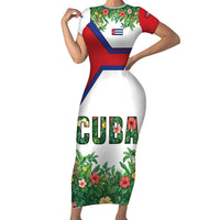 Cuba Floral Short Sleeve Bodycon Dress Tropical Flower Design with Cuban Flag and Cuba en Flor Script - Wonder Print Shop