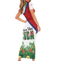 Cuba Floral Short Sleeve Bodycon Dress Tropical Flower Design with Cuban Flag and Cuba en Flor Script - Wonder Print Shop