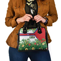 Cuba Floral Shoulder Handbag Tropical Flower Design with Cuban Flag and Cuba en Flor Script - Wonder Print Shop
