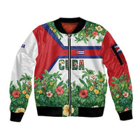 Cuba Floral Sleeve Zip Bomber Jacket Tropical Flower Design with Cuban Flag and Cuba en Flor Script - Wonder Print Shop