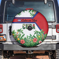 Cuba Floral Spare Tire Cover Tropical Flower Design with Cuban Flag and Cuba en Flor Script - Wonder Print Shop