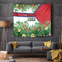 Cuba Floral Tapestry Tropical Flower Design with Cuban Flag and Cuba en Flor Script - Wonder Print Shop