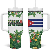 Cuba Floral Tumbler With Handle Tropical Flower Design with Cuban Flag and Cuba en Flor Script - Wonder Print Shop