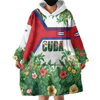 Cuba Floral Wearable Blanket Hoodie Tropical Flower Design with Cuban Flag and Cuba en Flor Script - Wonder Print Shop