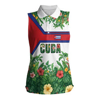 Cuba Floral Women Sleeveless Polo Shirt Tropical Flower Design with Cuban Flag and Cuba en Flor Script - Wonder Print Shop