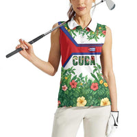 Cuba Floral Women Sleeveless Polo Shirt Tropical Flower Design with Cuban Flag and Cuba en Flor Script - Wonder Print Shop