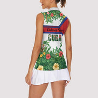 Cuba Floral Women Sleeveless Polo Shirt Tropical Flower Design with Cuban Flag and Cuba en Flor Script - Wonder Print Shop