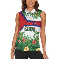 Cuba Floral Women Sleeveless Polo Shirt Tropical Flower Design with Cuban Flag and Cuba en Flor Script - Wonder Print Shop