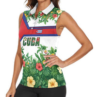 Cuba Floral Women Sleeveless Polo Shirt Tropical Flower Design with Cuban Flag and Cuba en Flor Script - Wonder Print Shop