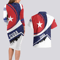 Cuba Flag Couples Matching Long Sleeve Bodycon Dress and Hawaiian Shirt Red White and Blue Design with Cuban Star and Havana City Skyline - Wonder Print Shop