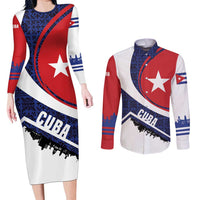 Cuba Flag Couples Matching Long Sleeve Bodycon Dress and Long Sleeve Button Shirt Red White and Blue Design with Cuban Star and Havana City Skyline - Wonder Print Shop