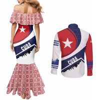Cuba Flag Couples Matching Mermaid Dress and Long Sleeve Button Shirt Red White and Blue Design with Cuban Star and Havana City Skyline - Wonder Print Shop