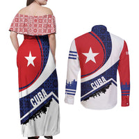 Cuba Flag Couples Matching Off Shoulder Maxi Dress and Long Sleeve Button Shirt Red White and Blue Design with Cuban Star and Havana City Skyline - Wonder Print Shop