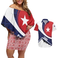 Cuba Flag Couples Matching Off Shoulder Short Dress and Hawaiian Shirt Red White and Blue Design with Cuban Star and Havana City Skyline - Wonder Print Shop