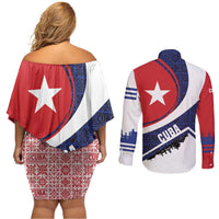 Cuba Flag Couples Matching Off Shoulder Short Dress and Long Sleeve Button Shirt Red White and Blue Design with Cuban Star and Havana City Skyline - Wonder Print Shop